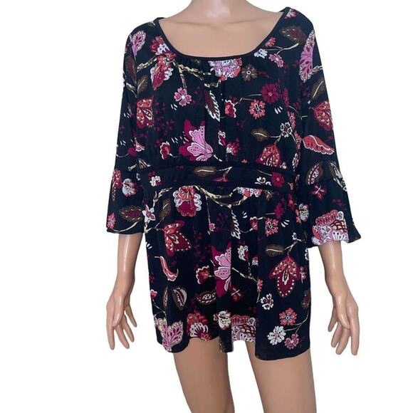 Venezia brand black babydoll floral print 3/4 sleeve lightweight flowy boho 18 - Picture 2 of 6